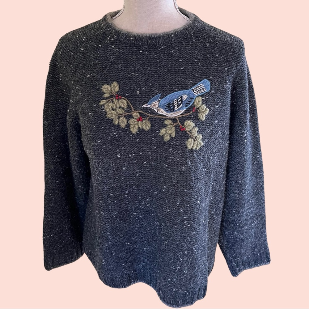 Woolrich Vintage Ramie Blend Embroidered Blue Jay Sweater LP